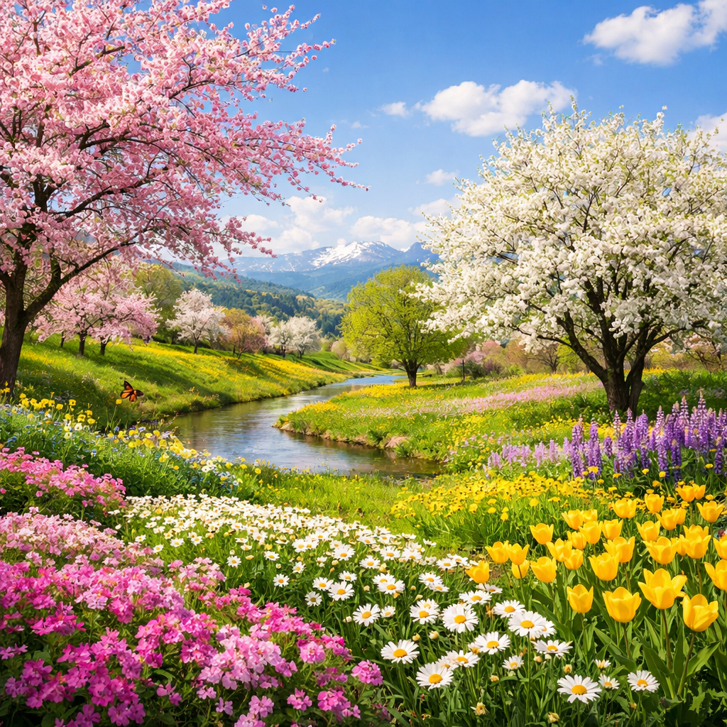Spring garden with pink, white, yellow flowers and blossoming trees by a stream